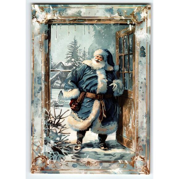 Vintage Christmas Santa Claus in Blue Coat Lithograph Postcard 5.5x4 Holiday - Picture 1 of 2
